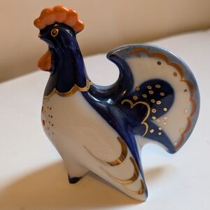 Vtg Lomonosov Cobalt Blue Red & Gold Chicken Salt Shaker Porcelain USSR